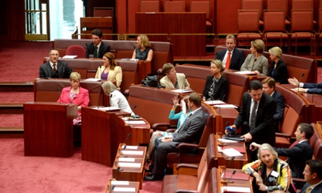 The Australian Greens vote with the government during the debt ceiling vote in the Senate chamber at Parliament House Canberra Monday, Dec. 9, 2013. AAPIMAGE for The Guardian/Alan Porritt