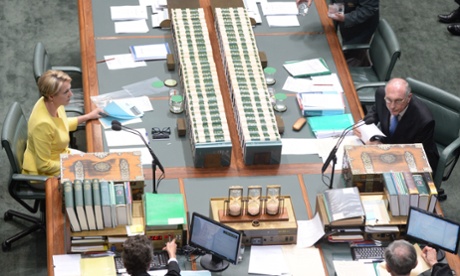 Acting opposition leader Tanya Plibersek listens to acting Prime Minoster Warren Truss during question time in the House Of Representatives chamber at Parliament House Canberra Monday, Dec. 9, 2013. AAPIMAGE for The Guardian/Alan Porritt