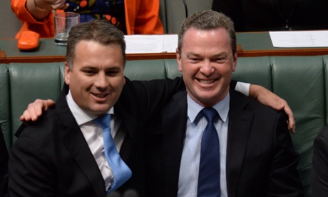 Jamie Briggs (centre) and Chris Pyne. Parliament House Canberra Monday, Dec. 9, 2013. AAPIMAGE for The Guardian/Alan Porritt