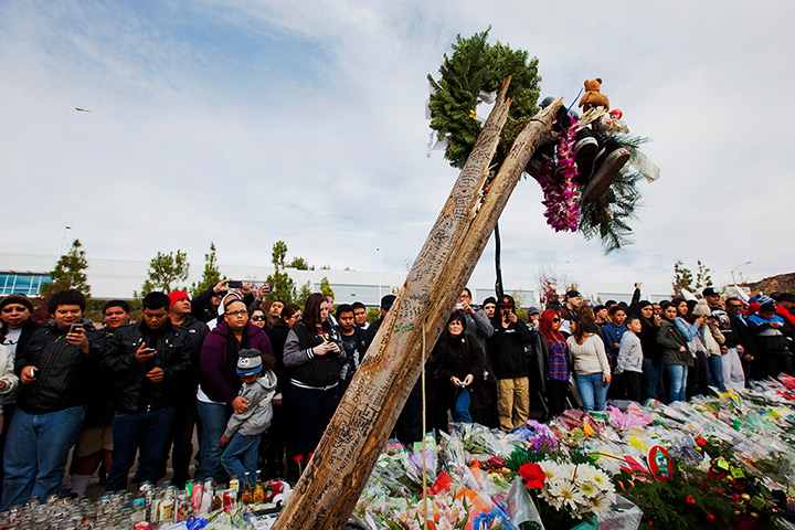 Paul Walker memorial: Fans surround the remains of a tree at the site of the car crash 