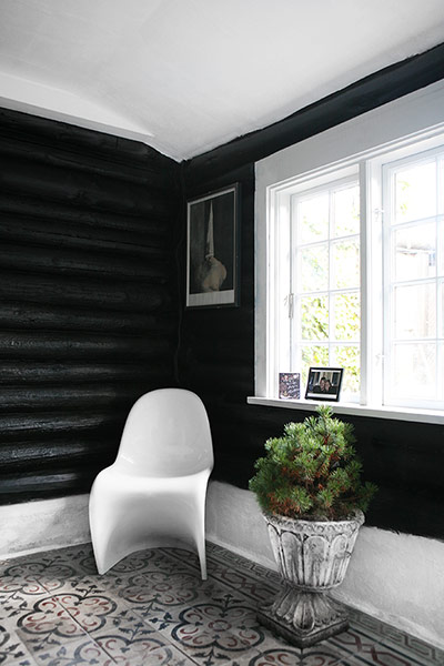 Homes - Nordic: white chair with plant aginst dark walls