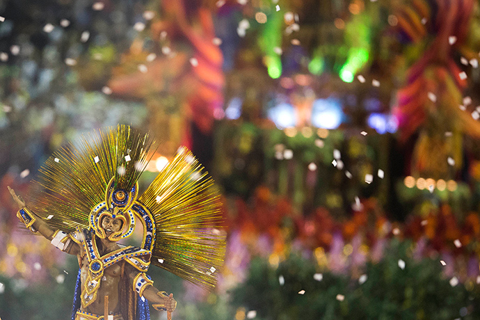 Rio Carnival 2013: A performer from the Unidos da Tijuca samba school on a float