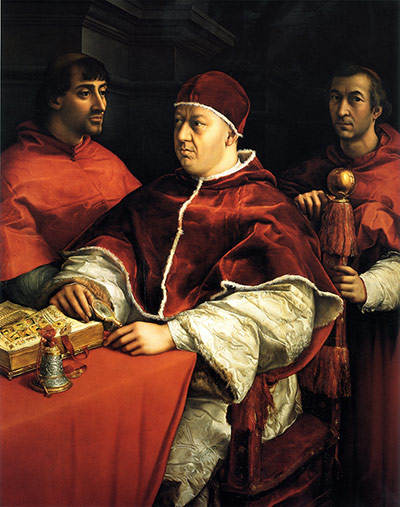 Papal portraits:  Portrait of Pope Leo X with two Cardinals