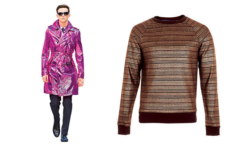 Catwalk Trends: Metallic mac on male model and metallic jumper