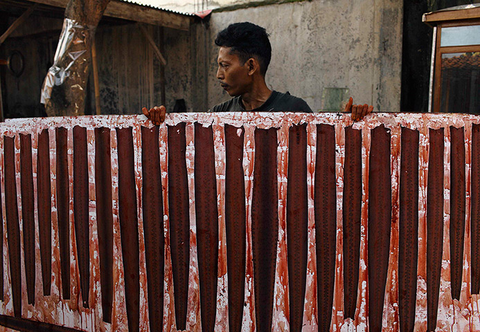 FTA: Beawiharta: A worker carries a board with pieces of snake skin, which need to be dried