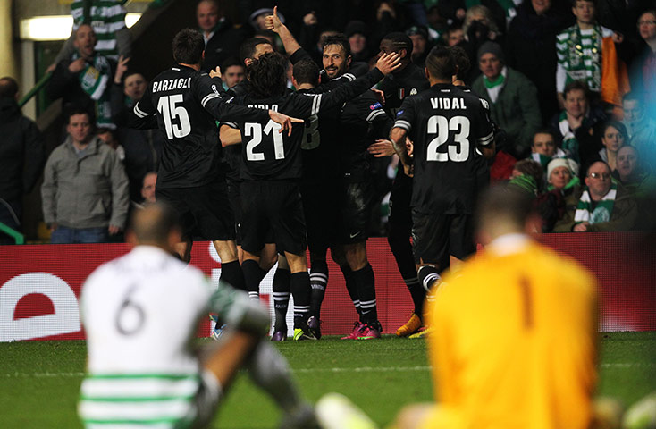 Tuesday Champions League3: Mirko Vucinic  celebrates scoring the third goal 