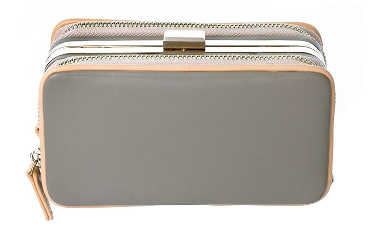 Accessories fashion: taupe clutch bag with metal clasp