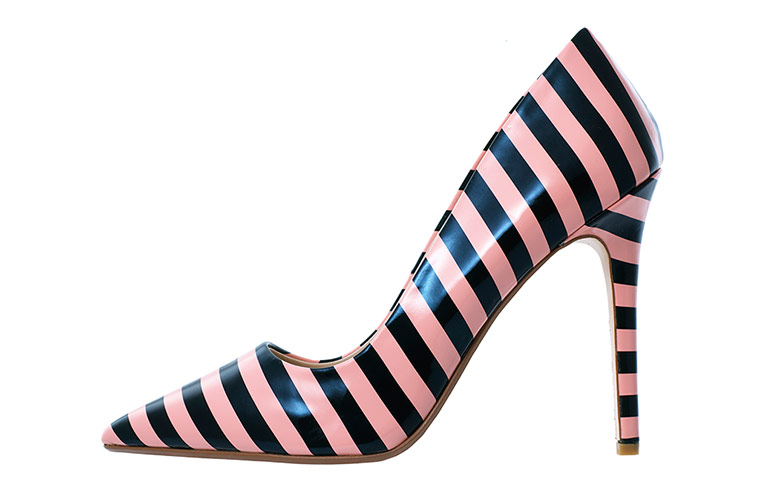 Accessories fashion: pink black striped high heel shoes
