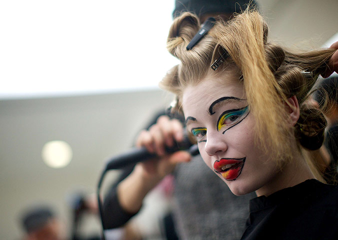 London Fashion Week: A model backstage before the Vivienne Westwood Red Label show