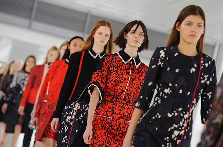 London Fashion Week: Models on the catwalk during the Preen show at Heron Tower