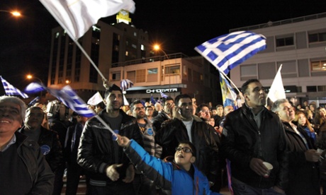 Supporters of Greek Cypriot presidential candidate Nicos Anastasiades celebrating in Nicosia, Cyprus, 17 February 2013.