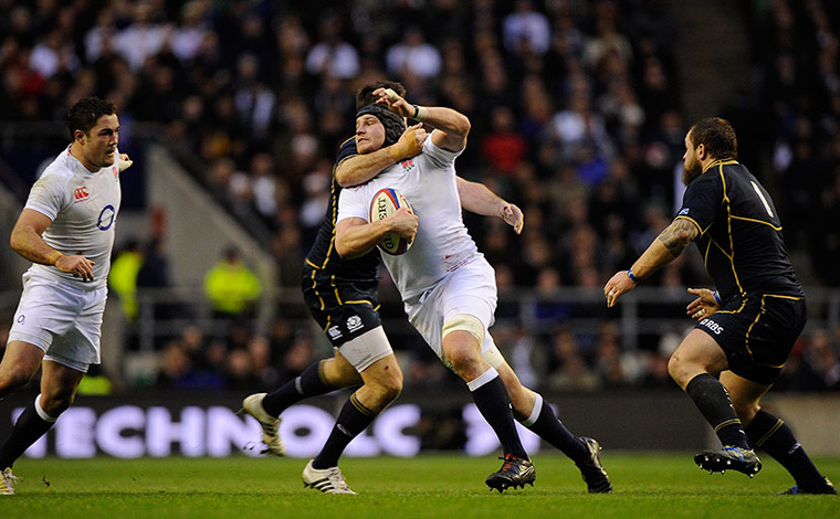 England v Scotland: Morgan gets tackled round the neck by Beattie