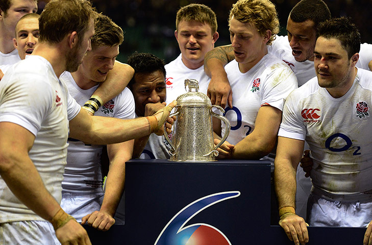 England v Scotland: Chris Robshaw hands the Calcutta Cup over to the rest of his teammates
