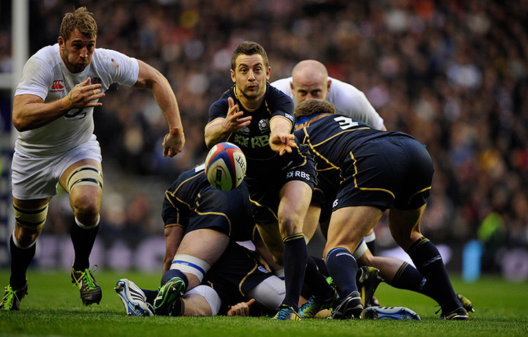 England v Scotland: Greig Laidlaw passes back from a ruck