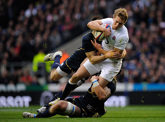 England v Scotland: Billy Twelvetrees takes the ball into tackles from Strokosch and Beattie