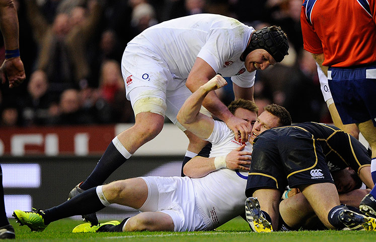 England v Scotland: Chris Ashton celebrates the first try with Ben Morgan