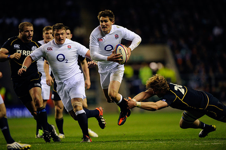 England v Scotland: Toby Flood skips past a tackle from David Denton