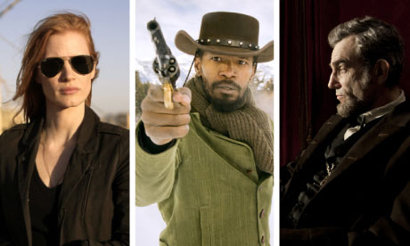 Jessica Chastain in Zero Dark Thirty; Jamie Foxx in Django Unchained; Daniel Day-Lewis in Spielberg.