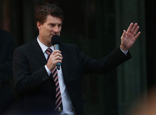 Swansea parade: Swansea boss Michael Laudrup speaks to the crowd at the Guildhall 