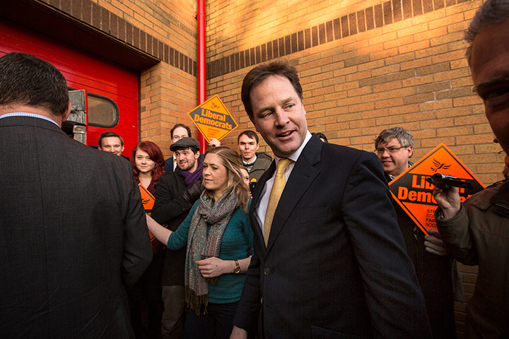 Sean Smith in Eastleigh: Nick Clegg arrives Liberal campaign HQ, Eastleigh