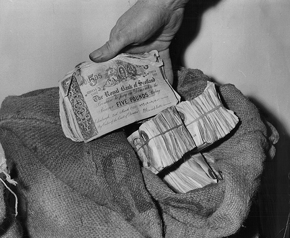 Bruce Reynolds: Two sacks of banknotes which were found in a telephone box 