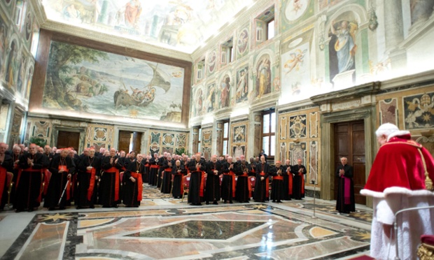 Pope Benedict XVI pledges obedience to his successor at a meeting of cardinals on his last day as pontiff in the Vatican City.