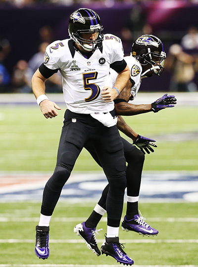 Super Bowl XLVII: Flacco celebrates with Jacoby Jones 