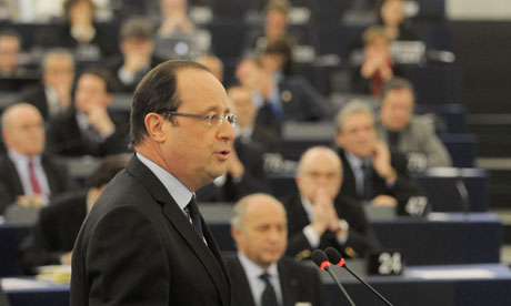 French president Francois Hollande delivers his speech at the European Parliament