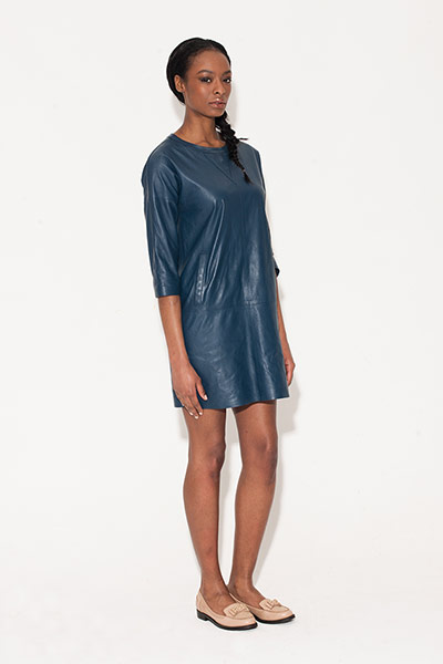 All ages - leather: woman wearing blue leather dress