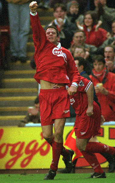 Jamie Carragher's career: Jamie Carragher, Liverpool salutes the crowd after scoring on his debut