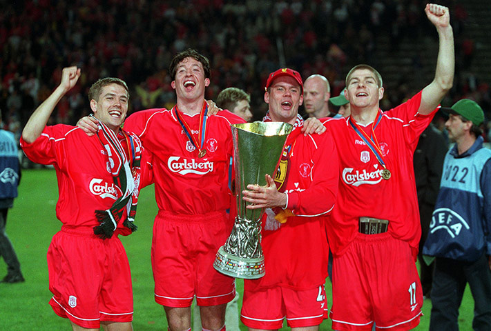 Jamie Carragher's career: Jamie Carragher celebrates with the UEFA Cup