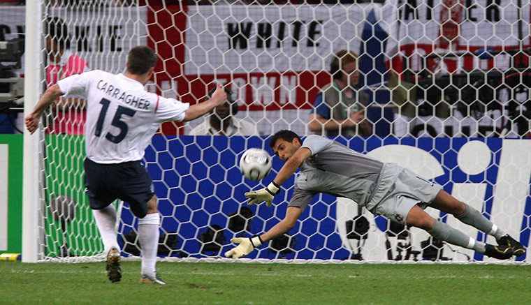 Jamie Carragher's career: Portuguese goalkeeper Ricardo saves from Jamie Carragher of England