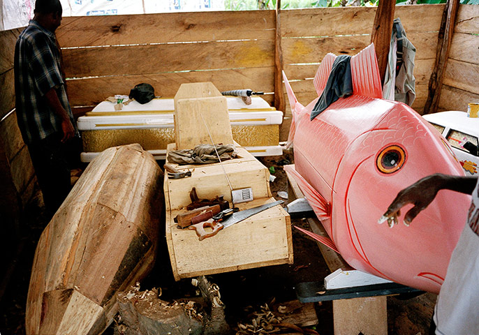 Coffins in Ghana: Coffins in a workshop in Pokuase Town, Ga District, near Accra, June 2005