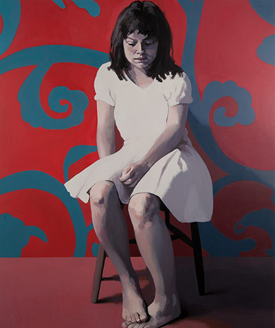 Claerwen James: Girl in White against Red and Blue 2012