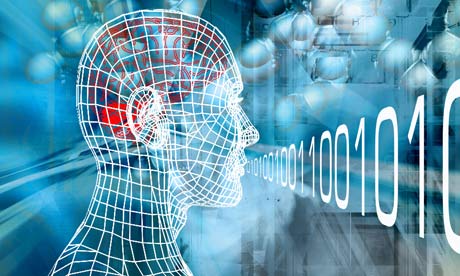 The side profile of an animated man with code coming from his mouth