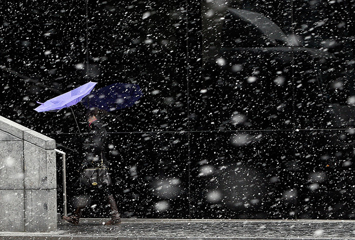Spring snow: A pedestrian tries to shelter from snow in London
