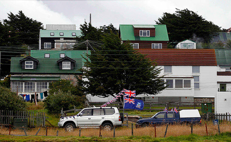 Falkland Islands: A vehicle decorated with flags in Stanley