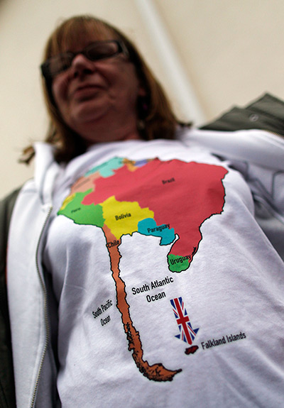 Falkland Islands: Falkland Islander Vivian Vienna shows off her t-shirt