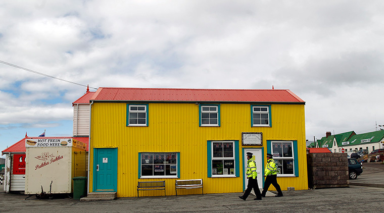 Falkland Islands: Falkland Islands police officers patrol the streets in Stanley