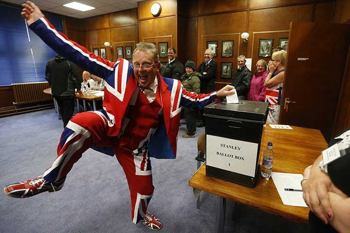 Falkland Islands: A man wearing a Union flag suit dances