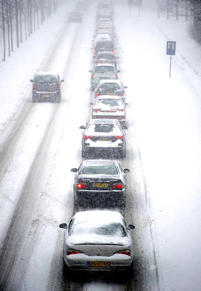Europe snow: Cars jam on a road in Heerlen, in The Netherlands