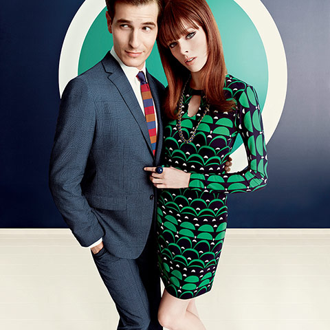 Fashion: Mad Men: Blazer, £185. Shirt, £49.50. Tie. Trousers, £99.50. Geometric pattern dress