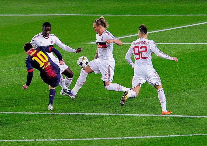 Barcelona v Milan: Barcelona's Lionel Messi scores