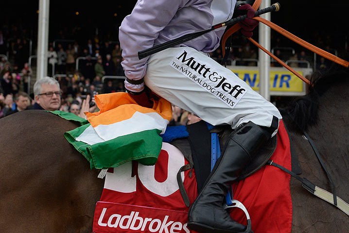 Cheltenham day 3 part 2: Paul Carberry keeps hold of an Irish flag that was thrown from the crowd