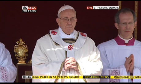 Pope Francis outside St Peter's Basilica for his inaugural mass on 19 March 2013.