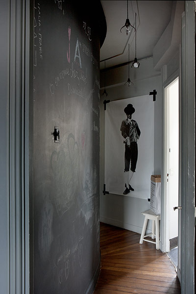 Homes - Paris apartment: curved hallway with wooden floor and grey walls