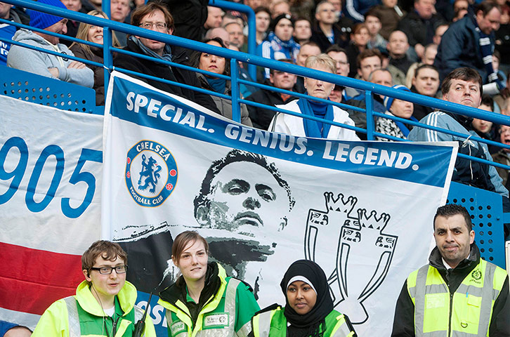 rafa: Jose Mourinho banner at Stamford Bridge