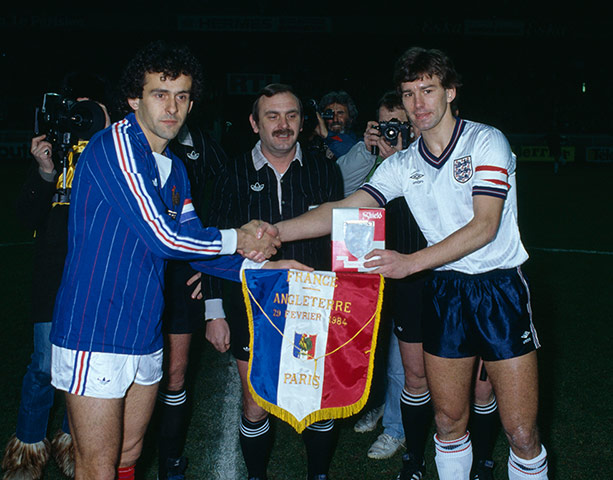 England kits: England captain Bryan Robson meets the French captain Michel Platini