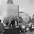 zoo buildings: Elephants reach across to visitors from their enclosure at London Zoo