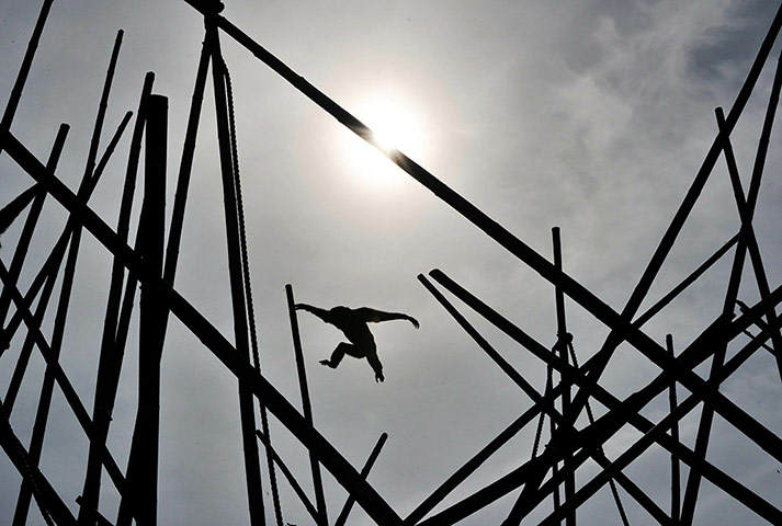 zoo buildings: A silvery gibbon jumps through its enclosure at the Hellabrunn Zoo